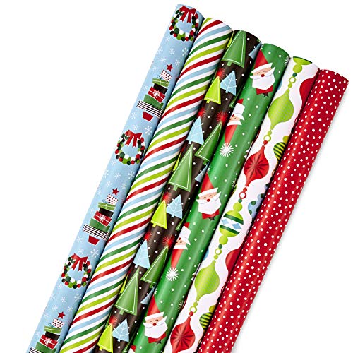 Hallmark Christmas Wrapping Paper Bundle with Cut Lines on Reverse (Pack of  6; 180 sq. ft. ttl.) Modern Santa, Trees on Black, Stripes, Ornaments